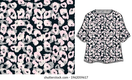 Leopard print pattern. Vector seamless background. Animal skin texture  on women's shirt mockup. 