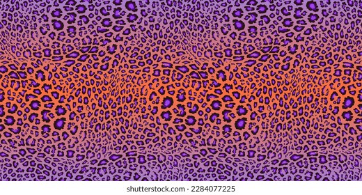 Leopard print pattern. Vector seamless background. Animal skin texture in retro 1980 - 1990's fashion style, trendy neon colors, purple, orange, holographic effect. Vibrant pop art pattern design