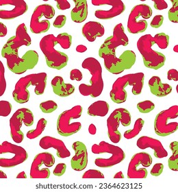 Leopard print pattern. Vector seamless background. Animal skin texture in retro 1980 - 1990's fashion style, trendy neon colors, blue and red. Vibrant pop art pattern. Bright repeat decorative design
