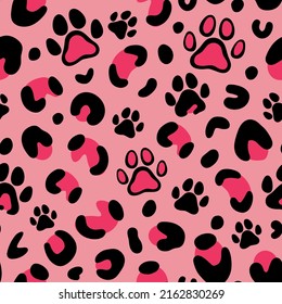 Leopard print with paw of dogs and cats. Cat paw pattern. Camouflage leopard vector seamless pattern on pink background. Leopard skin texture. 