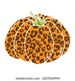 Leopard print pumpkin illustration in doodle style. Pumpkin - a symbol of Halloween, Fall, and Thanksgiving. Squash silhouette. Isolated on white background. Vector. For menu, farmers markets, print