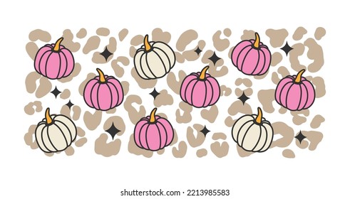 Leopard print pumpkin seamless pattern. The pastel pumpkin is the symbol of Halloween and Thanksgiving. Vector design on isolated background. Cartoon style. For print and web.