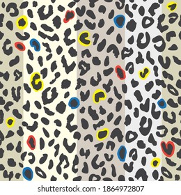 Leopard print with red, black, blue and yellow dots on stripe block color background seamless pattern