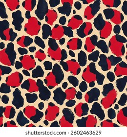 Leopard print, with red and navy spots on a beige background, animal skin vector illustration. Watercolor print in rustic vintage style, textile or wallpapers.