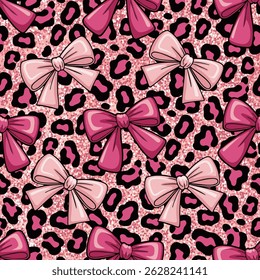 A leopard print seamless background with pink bows and glitter vector. The bows are pink and black and are scattered throughout the image. Scene is playful and fun, with the leopard print