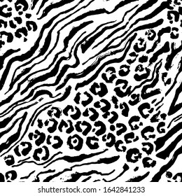 Leopard print seamless pattern. Black and white hand drawn background. Vector illustration.