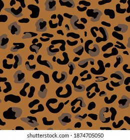 Leopard print, seamless pattern. Black spots on a brown background. Wild animal imitation, lion, cheetah or leopard skin. Vector illustration, feline monochrome ethnic pattern design