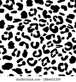 Leopard print, seamless pattern. Black spots on a white background. Wild animal imitation, cheetah or leopard skin. Vector illustration, feline monochrome ethnic pattern design. Simple drawing