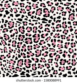 Leopard print seamless pattern with bright pink and black spots on white background. Animal print seamless repeat pattern for interior design, fashion, textiles, packaging.