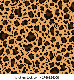 Leopard print seamless pattern. Exotic animal skin print, hand drawn background with irregular shape dots. Trendy texture for textile, fabric, wrapping, wallpaper. Vector illustration