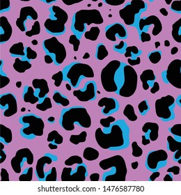 
Leopard print seamless pattern. Modern. Dark and blue spots on a pink background. Fabric design. Print on paper. Vector