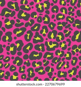 Leopard print seamless pattern. Neon cheetah skin 80 90s design. Black and yellow spots on bright pink background. Vector illustration