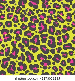 Leopard print seamless pattern. Neon cheetah skin 80 90s design. Black and pink spots on bright yellow background. Vector illustration