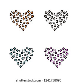 Leopard print skin in the shape of a heart. Vector illustration set. Valentines day. Greeting card.