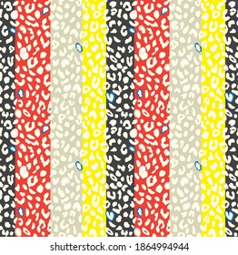 Leopard print small dots seamless pattern  with red,grey,yellow and black stripes on the background