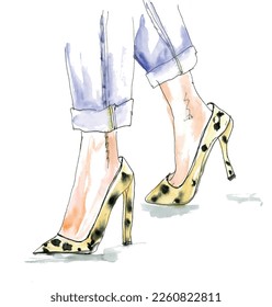 Ilustrador de impresión Leopard a zapatos de tacón alto esquinero jeans de ilustración. Vector de acuarela.