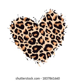 Leopard print textured hand drawn brush stroke heart shape. Abstract paint spot with wild animal cheetah skin pattern texture. Vector design element for fashion print design, tag, card, backgrounds.