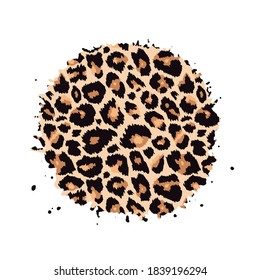 Leopard print textured hand drawn brush stroke circle shape. Abstract paint spot with wild animal cheetah skin pattern texture. Vector design element for fashion print design, tag, card, backgrounds.