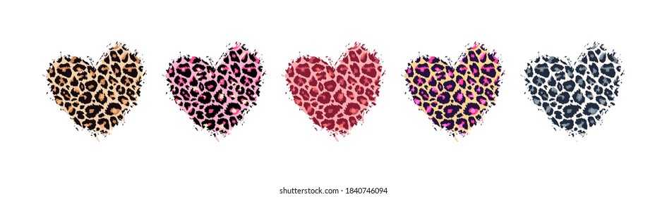 Leopard print textured hand drawn brush stroke heart shape set . Abstract paint spot with wild animal cheetah skin pattern texture. Brown, yellow, pink, grey vector design elements for print designs.