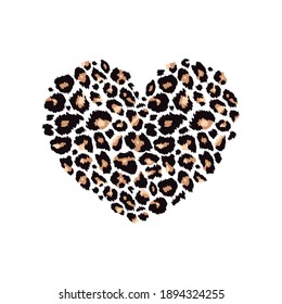 Leopard print textured heart shape. Abstract design element with wild animal cheetah skin spot pattern texture. Vector illustration for fashion print design, tag, Valentines card.