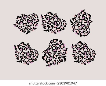 Leopard print textured heart shape set . Abstract paint spot with wild animal cheetah skin pattern texture. Brown, yellow, pink, grey vector design elements for print designs.