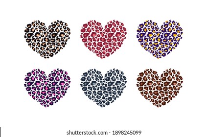 Leopard print textured hearts set. Abstract design element with wild animal cheetah skin spot pattern texture. Heart shape vector illustration for fashion print design, tag, Valentines card.