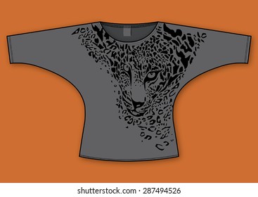 Leopard print themed, fashion woman bat sleeve blouse/t-shirt design.