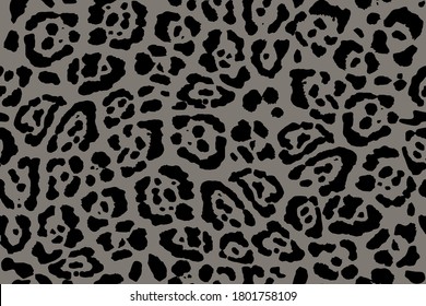 Leopard print. Trendy seamless vector print. The texture of the animals. Jaguar spots on a grey background. Imitation of cheetah skin painted on clothes or fabric, modern textile