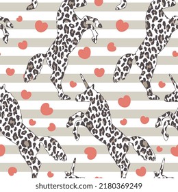 leopard print unicorns pop art style girly seamless pattern background, wrapping paper, fabric and textile grey vector print with red hearts and stripes