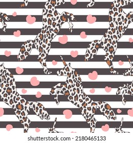 leopard print unicorns pop art style girly seamless pattern background, wrapping paper, fabric and textile black and white vector print with pink hearts and stripes