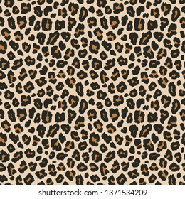 Leopard print. Vector seamless pattern. Animal skin background with black and brown spots on beige backdrop. Abstract exotic jungle texture. Repeat design for decor, fabric, textile, wallpapers, cloth