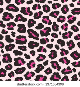 Leopard print. Vector seamless pattern. Fashionable background with black and magenta spots on light pink backdrop. Animal skin texture. Abstract exotic illustration. Repeat design for decor, fabric