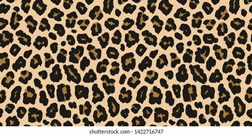 Leopard print. Vector seamless pattern. Animal jaguar skin background with black and brown spots on beige backdrop. Abstract exotic jungle texture. Repeat design for decor, fabric, textile, wallpapers