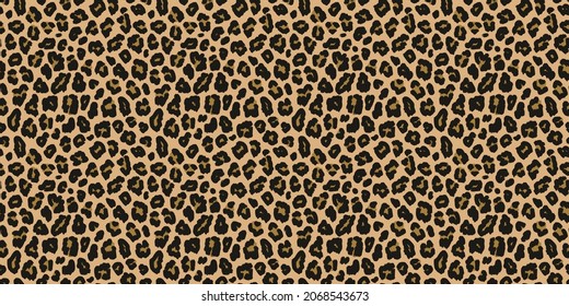 Leopard print. Vector seamless pattern. Animal skin background with black and brown spots on beige backdrop. Abstract exotic safari texture. Jaguar, leo, puma cheetah fur pattern. Repeat design