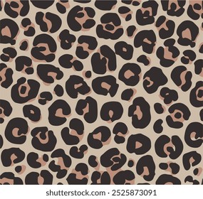 Impressão de leopardo. Padrão sem emenda do vetor. Fundo de pele animal com manchas pretas e marrons no fundo bege. Textura de safári exótico abstrato. Jaguar, leo, puma padrão de pele de chita. Repetir design