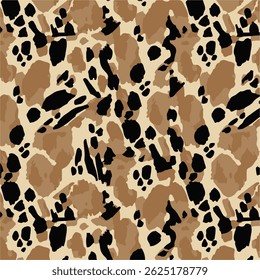 Leopard print. Vector seamless pattern. Animal skin background with black and brown spots on beige backdrop. Abstract exotic safari texture. Jaguar, leo, puma cheetah fur pattern. Repeat design