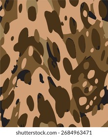 Leopard print. Vector seamless pattern. Animal skin background with black and brown spots on beige backdrop. Abstract exotic safari texture. Jaguar, leo, puma cheetah fur pattern. Repeat design