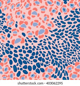 Leopard print vector seamless pattern. Hand drown animal spots with chevron effect on a pink background.