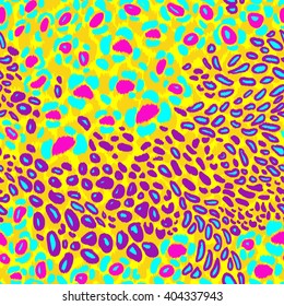 Leopard print vector seamless pattern. Vibrant hand drown animal spots with chevron effect on an orange backdrop.