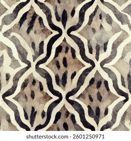 Leopard print and watercolor textures geometric of beige, gray, black, and white,  grunge lines ikat pattern, striped seamless pattern, Vector illustration background for print the paper.