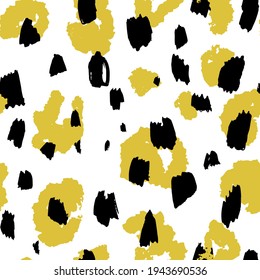Leopard print with yellow and black spots, seamless pattern of abstract animal print or background. Decorative texture, cheetah or panther, wildlife and exotic fauna coat. Vector in flat style