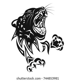 Leopard in rage. Black tattoo. A vector illustration of the head and paw with leopard claws.