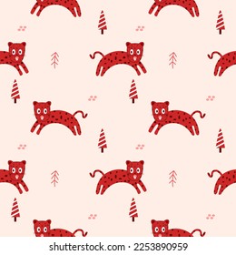 Leopard red cartoon so cute.on tree and pink background.pattern seamless vector illustration.