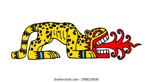 leopard with red flames, aztec sacred animal, indian traditional pattern, color vector illustration with black contour lines isolated on a white background in a hand drawn and cartoon style