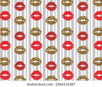 leopard and red lips over striped background