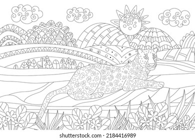 leopard resting in fancy hill landscape with sun and clouds  for your coloring book