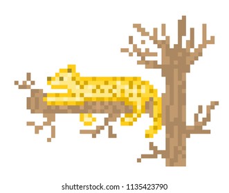 Leopard resting on a tree, cartoon pixel art character isolated on white background. Wild cat, wildlife zoo carnivore. African safari animal scene. Retro 80s; 90s slot machine/video game graphics.
