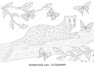 Leopard resting in a tree surrounded flying butterflies for your coloring book