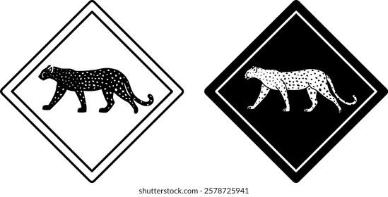 Leopard Road Signs. Black and White Vector Icons. Wild Cat, Predator. Road Sign Warning Animals Crossing the Road. Zoo Sticker