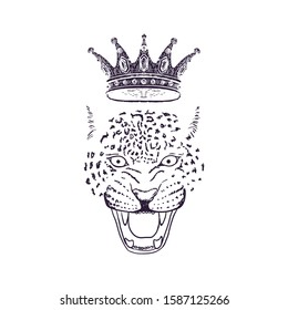 Leopard Roar face or head with Crown. Hand drawn Leopard Head animal or predator isolated on white background. Vector illustration